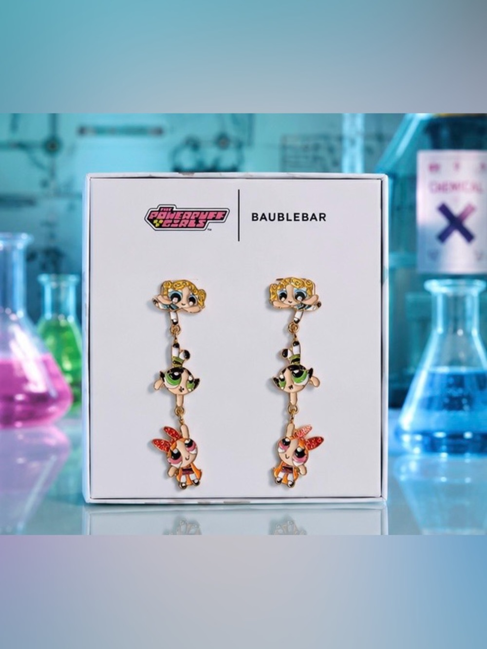 BaubleBar Gold-tone Powerpuff Girls Enamel Drop Earrings NIB - Picture 1 of 5